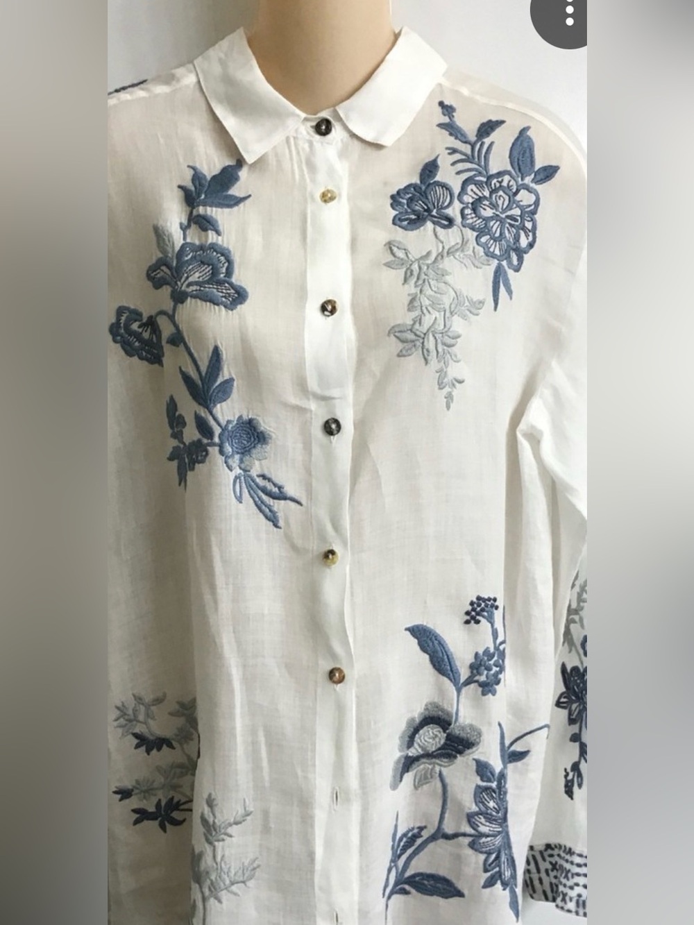 Johnny Was Workshop White Button-Down Shirt with Blue Floral Embroidery